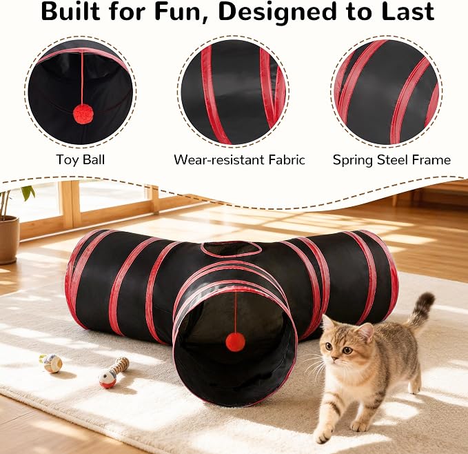 Tempcore Cat Tunnel for Indoor Cats, 3 Way Collapsible Pet Play Tunnel with Teaser Wand, Peek Holes & Hanging Ball, Interactive Tube for Kittens & Rabbits, Black & Red