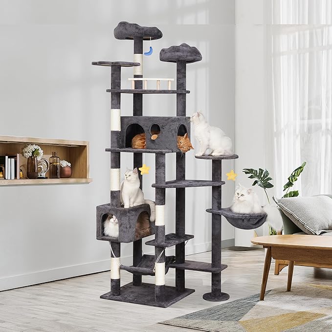 Meecal 79in Giant Cat Tree for Heavy Duty Big Cats, Large Cat Trees with Scratching Post, Cat Tree Tower with Cat Condos, Hammock & Plush Perch for Maine Coon, Smoky Gray
