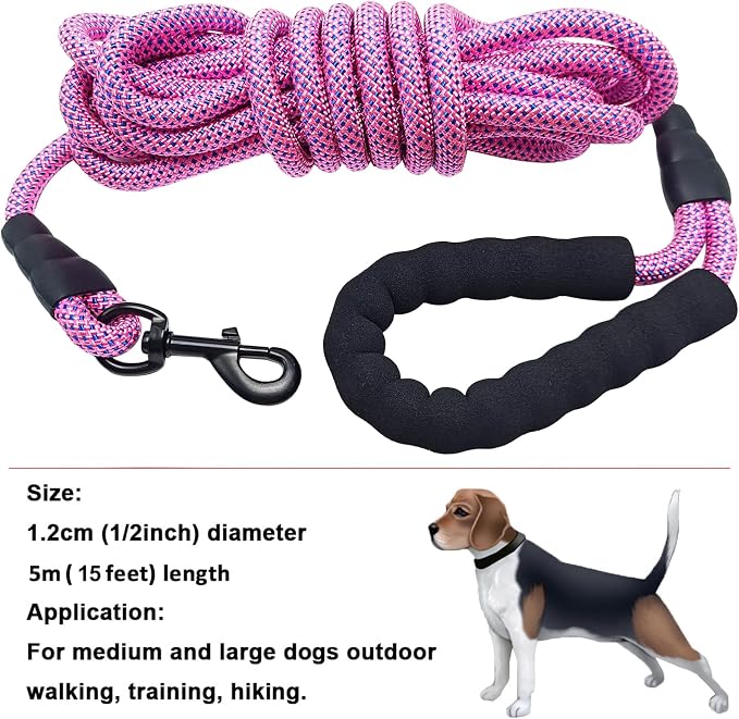 MayPaw 3/6/8/10/12/15/20 FT Rope Dog Leash, Soft Padded Handle Long Dog Leash, Thick Nylon Pet Lead Leashes for Large Medium Dogs (15ft x 1/2", Pink-Blue dot)