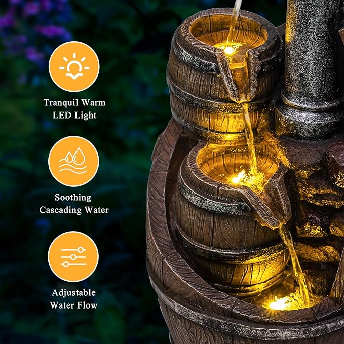 Solarbloom 21.7" H Garden Fountains, Farmhouse Outdoor Water Fountain with LED Lights, Rustic Pump and Barrel, for Patio Garden Backyard Deck Decor