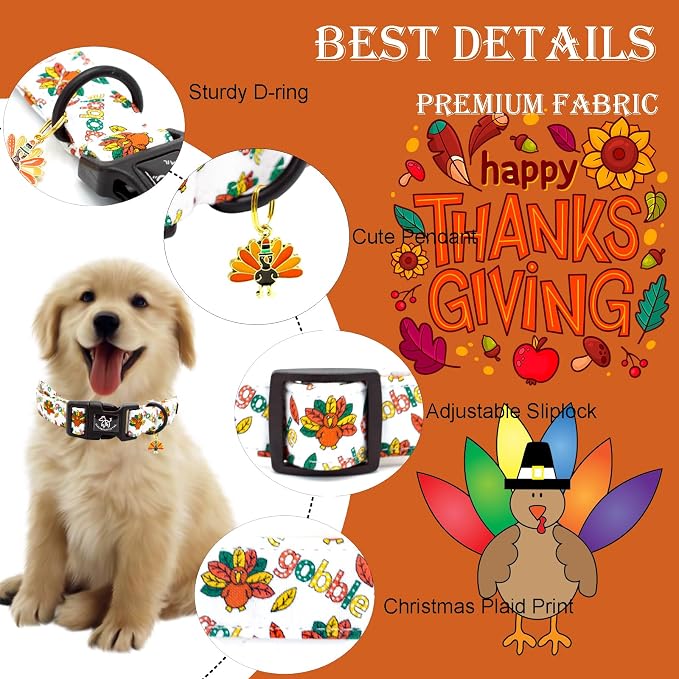 Elegant little tail Thanksgiving Dog Collar, Turkey Print Cotton Soft Plastic Buckle Sturdy Puppy Collars Holiday Female or Male Adjustable Collar for Large Dogs