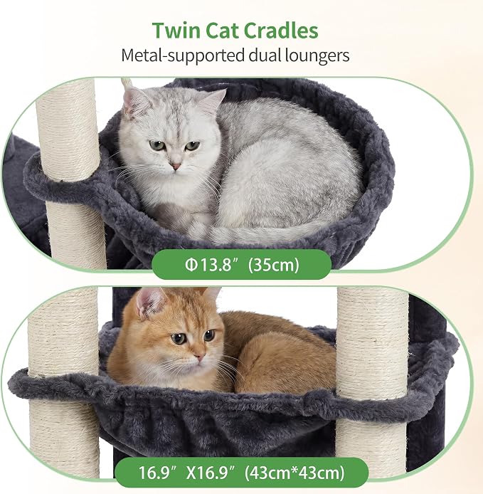 Heybly Cat Tree, 69.7 inches Secure Anti-Tip Cat Tower for Large Cats, Expansive Cat Furniture with Dual-Tier Cat Condo Villa, 2 Top Perches, Hammock & Full Sisal Scratching Posts, Smoky Gray HCT065G