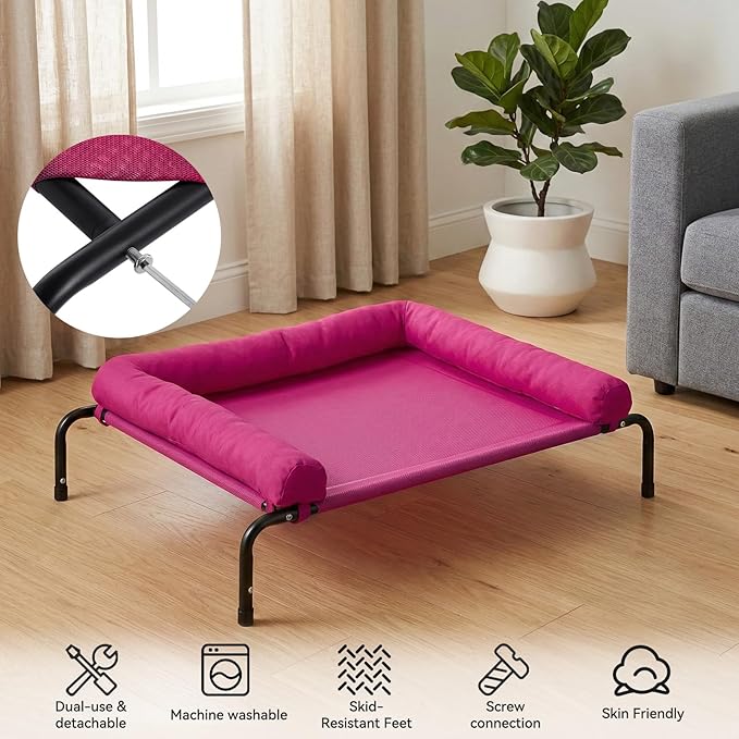 Cooling Elevated Dog Bed for Large Dogs, Outdoor Raised Dog Beds Portable Dogs Cot Bed W/Breathable Mesh, Pet Cots W/Removable Waterproof Bolster