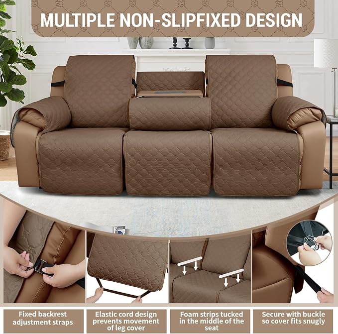 Waterproof Recliner Sofa Covers with Flipped Middle Backrest Washable Recliner Couch Covers Non-Slip with Elastic Straps Furniture Protector for Kid Dogs Pets (Gray Taupe)