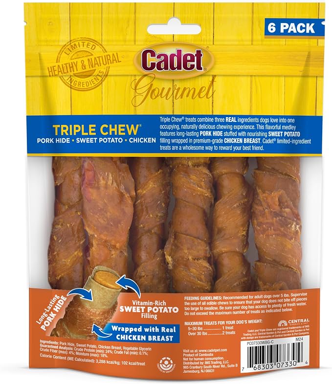 Cadet Gourmet Triple Chews Long-Lasting Pork Hide Sticks with Sweet Potato and Chicken, Healthy Dog Treats for Small & Large Dogs, 18 Count