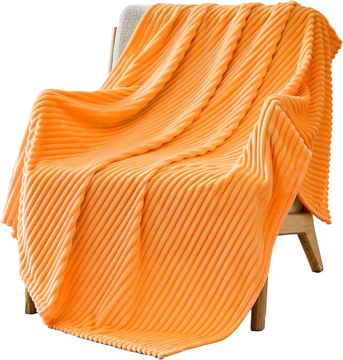 Bnuitland Fleece Throw Blanket for Couch, 300GSM Soft Warm Cozy Fluffy Throw for Adults & Kids, Stripe Pattern, All Season Sofa Bed Blanket for Home Decor, Light Orange 50"x60"