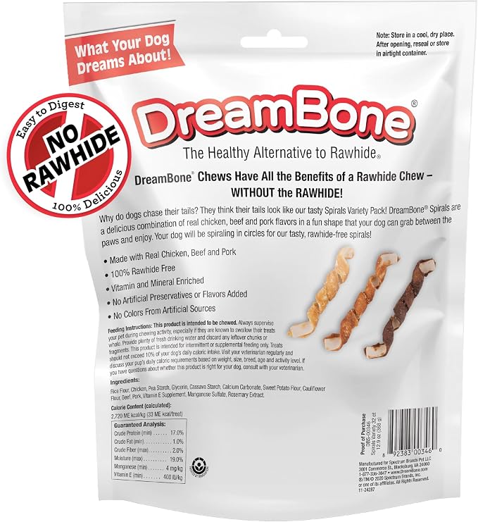 DreamBone Spirals Variety Pack Chews for Dogs, Treat Your Dog to Easy-to-Digest Rawhide-Free Chews Made with Chicken, Beef or Pork, 32 Count