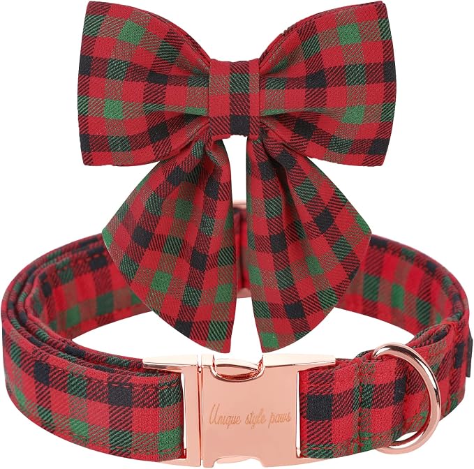 Unique style paws Christmas Dog Collar with Bow Tie Black Red Green Plaid Puppy Collar for Small Medium Large Dogs as Autumn Winter Pet Gifts-S