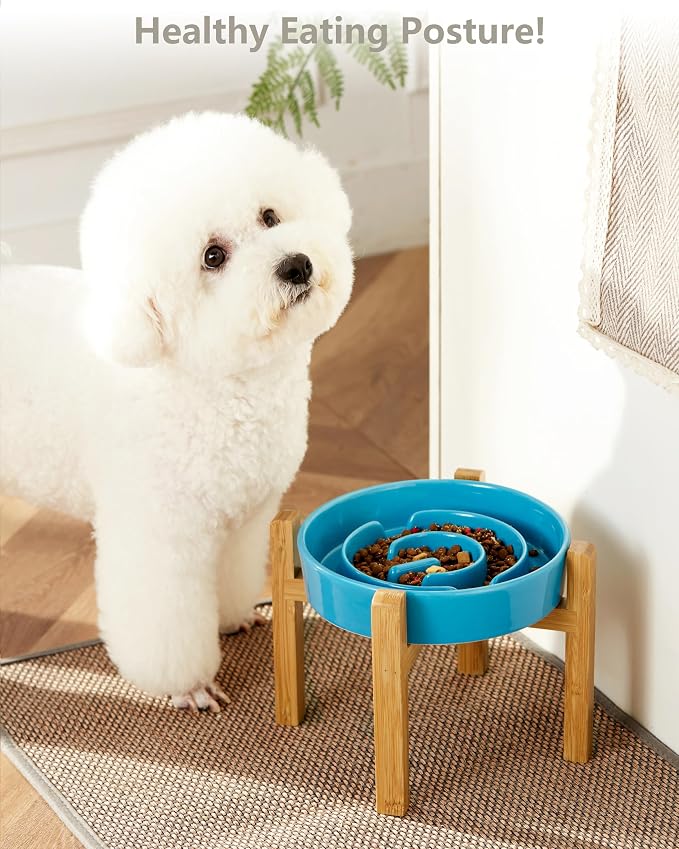 Ceramic Slow Feeder Dog Bowls Elevated, 2.0 Cups Slow Feeder for Medium Dogs, Puzzle Maze Bowl to Slow Down Eating, 30oz, 8in, Blue