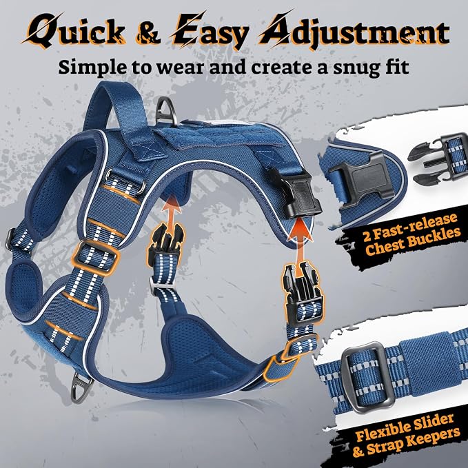 rabbitgoo Tactical Dog Harness for Large Dogs No Pull Adjustable Military Vest with Handle MOLLE Reflective Heavy Duty Dog Vest for Walking Training Hunting Outdoor Working Medium Size Dog Blue L