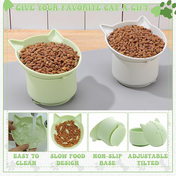 2 Pack Slow Feeder Cat Bowls Silicone Tilted Raised Pet Bowl with Non Slip Base for Digestion Anti Vomit, Gray, Green
