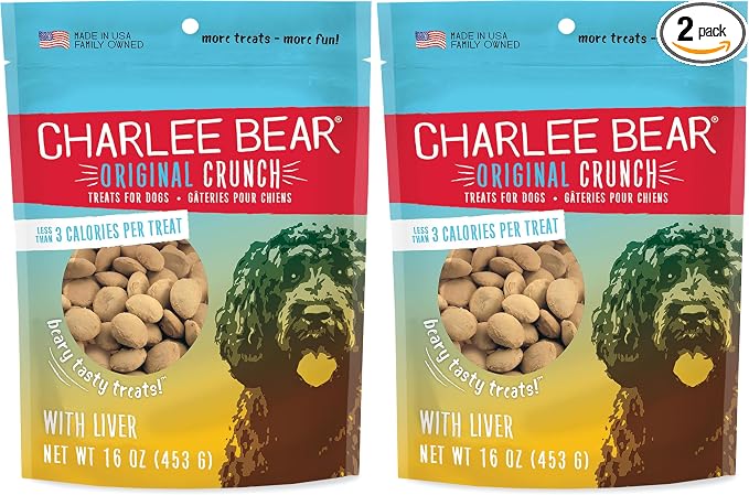 Charlee Bear Original Crunch Dog Treats, Chicken Liver, 16 Ounce Resealable Bag, Low Calorie Training Treats for Dogs, Limited Ingredient, Healthy, Crunchy Dog Snacks, Made in USA (Pack of 2)