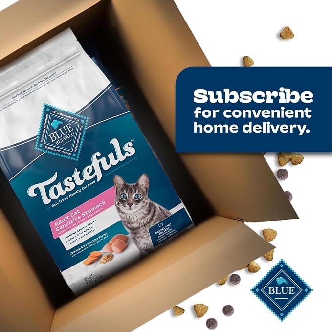 Blue Buffalo Tastefuls Chicken & Brown Rice Recipe Sensitive Stomach Adult Dry Cat Food, Real Chicken First, Deliciously Healthy Natural Cat Food, Natural Ingredients, Supports Digestion, 3-lb Bag