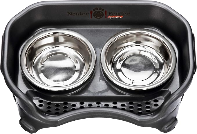 Neater Feeder Express Mess Proof Cat Bowls Elevated, No Spill Feeding Station, Stainless Steel Dishes for Food and Water, Raised Bowls for Indoor Cats, No Fatigue Whisker Friendly Dish, Black
