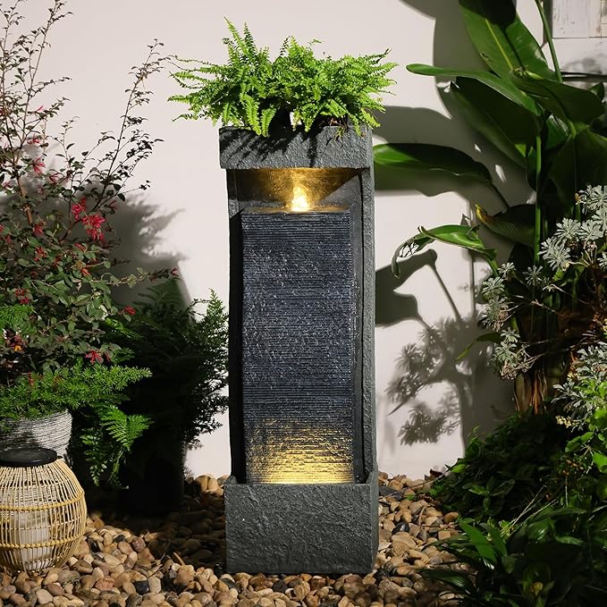 Sunlinua 35H Modern Outdoor Water Fountain with Warm Light Garden Cascading Waterfall Feature for Indoor or Outdoor Cascading Waterfall for Relaxing Garden Patio Backyard Deck Porch or Home Décor