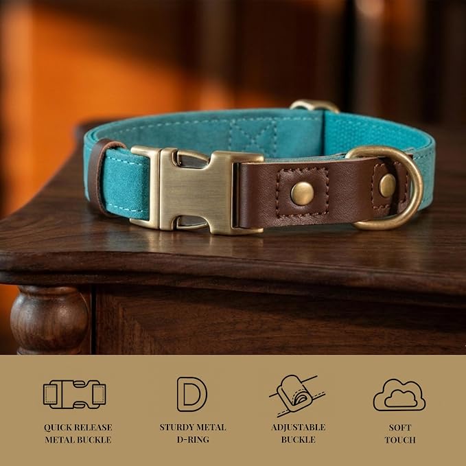 Didog Soft PU Leather Dog Collars for Medium Dogs,Classic Adjustable Dog Collars with Quick Release Metal Buckle,Easy Clean and Comfortable with Nylon Lining,Light Blue,M Neck 14-19"