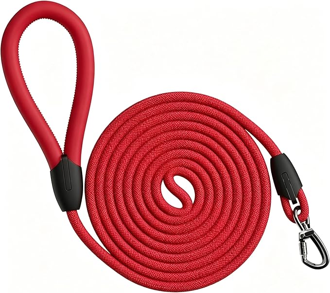 Rope Dog Leash 6FT, Rope Dog Leather Leash, Dogs Lead, Comfortable Leather Handle, Puppy Leashes, Strong Nylon Pet Lead for Small, Medium, Large (Red, 6 Feet)
