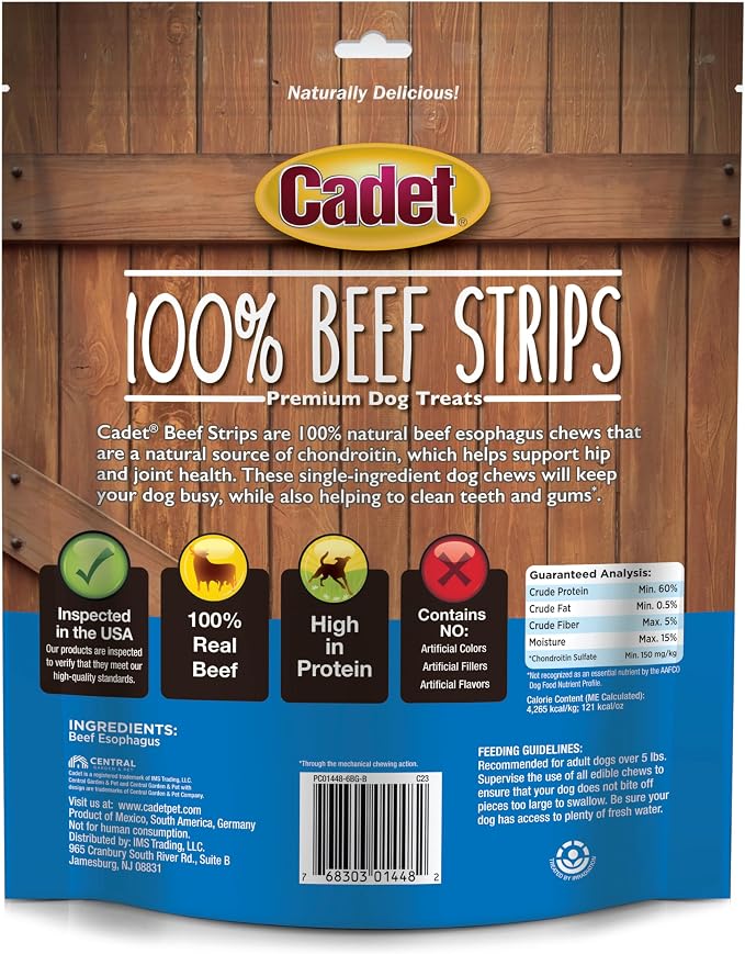 Cadet 100% Beef Strip Long Lasting Chews for Dogs, Single Ingredient Beef Esophagus Dog Treats, Natural High Protein Rawhide Alternative for Small & Large Dogs, 16 Ounce