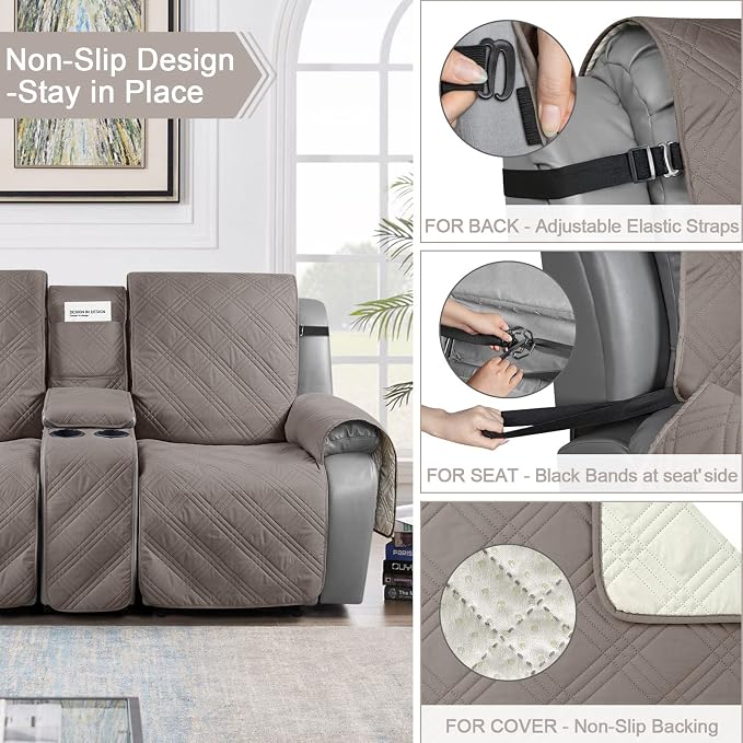 TAOCOCO 100% Waterproof Recliner Couch Covers with Console, Sofa Covers for Reclining Sofa 3 Seat with Straps Design, Split Recliner Sofa Cover Furniture Pets Kids Protector (3 Seater, Light Brown)