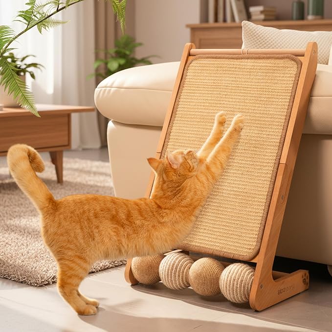 CHEERHOME PETS Sisal Cat Scratcher Ramp with Balls, 24.8" L Shape Cat Scratching Post Climbing Scratch for Indoor Cats, Solid Wooden Cat Furniture(Upgraded)