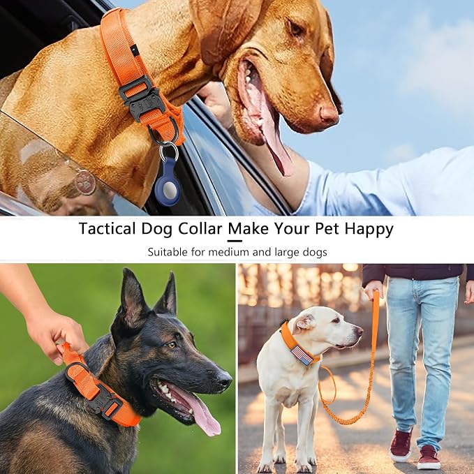 DAGANXI Tactical Dog Collar, Adjustable Military Training Nylon Dog Collar with Control Handle and Heavy Metal Buckle for Medium and Large Dogs, with Patches and Airtags Case (Orange-Set, M)