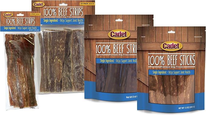 Cadet 100% Beef Strips Dog Treats, Single Ingredient Beef Esophagus Dog Jerky, Healthy High Protein Rawhide Alternative for Small & Large Dogs, 8 Ounce