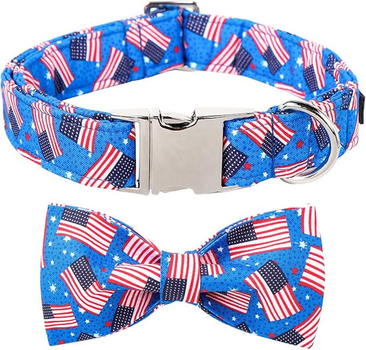Maca Bates American Flag 4th of July Dog Collar with Bow Tie for Dogs Bowtie 4 of 7 Flags Blue Adjustable Durable Patriotic Collars USA Independence Day Gift for Small Medium Large XL Boy Girl Puppy