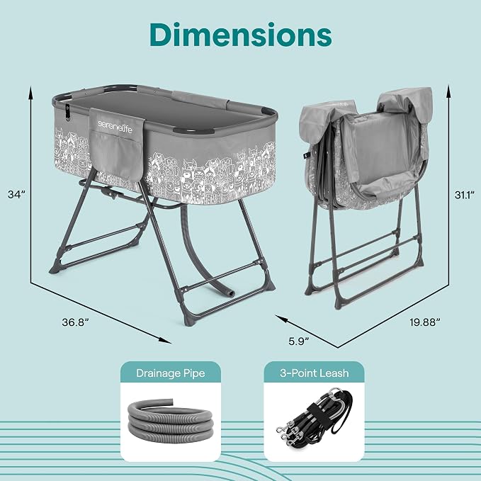 SereneLife Foldable Dog Bath Tub with Adjustable Height, 360° Access, Drain Hose & Storage Pockets – 130 lb Capacity Grooming Station for Indoor/Outdoor Use (Gray)