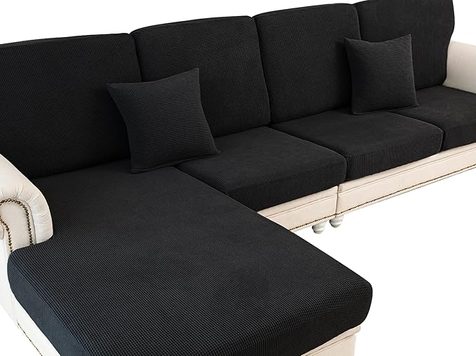 LA MEACK Couch Cushion Cover Chaise Lounge Cover Washable Separate Seat Chaise Couch Cover Stretch Sectional Sofa Slipcover(1 Piece for Chaise or Sofa 3-Seater, Black)