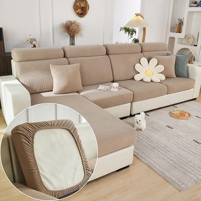 Yoovat Couch Cushion Covers for Sofa Couch Covers Wear-Resistant Universal Sofa Cover Washable Stretch for Sectional Slipcovers (Texture-Light Coffee,Chaise Cover)