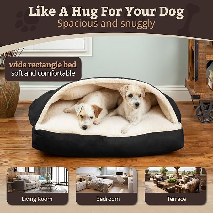 Snoozer Rectangle Cozy Cave Dog Bed - Indoor Dog Bed with Cover Cave, Covered Calming Burrow for Small Sized Pets with Blanket Attached, Enclosed, Washable Cover - Small, Black