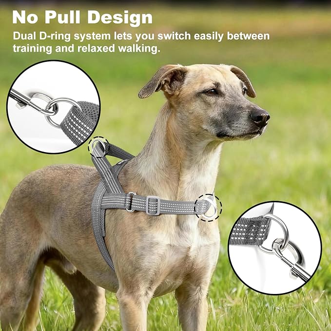 No Pull Dog Harness with Handle, Adjustable Soft Mesh Padded Reflective Walking Harness with Front Clip for Small Medium Large Dogs – Quick Fit No Escape for Training and Hiking (Gray, XL)