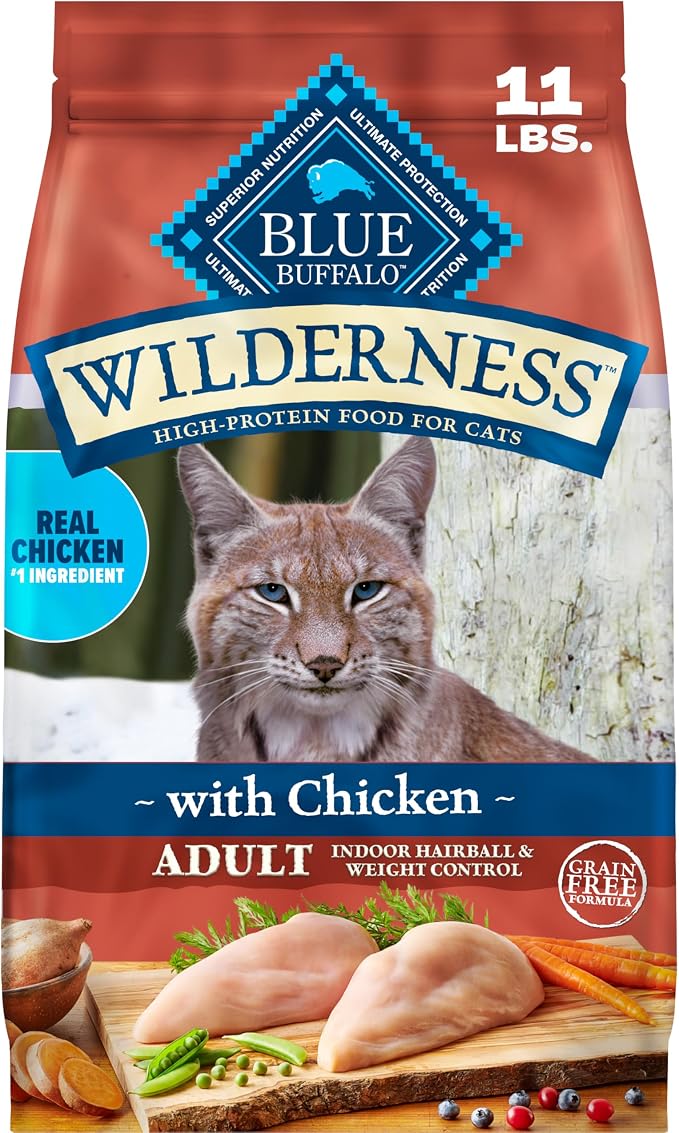 Blue Buffalo Wilderness Chicken Natural High-Protein Grain-Free Dry Food Hairball & Weight Control for Adult Indoor Cats, Real Chicken First, Antioxidant-Rich LifeSource Bits Support Immunity, 11 lbs.