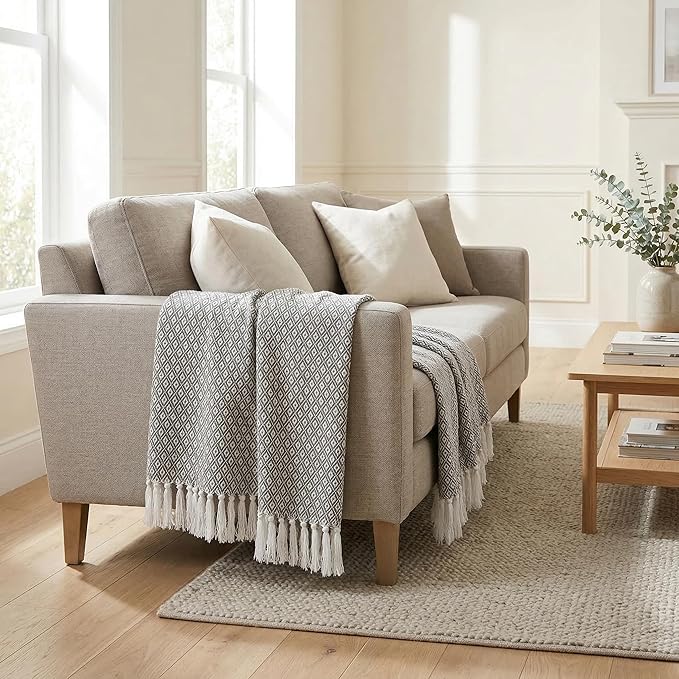 Americanflat 50x60 Throw Blanket - Soft and Breathable Cotton Throw Blanket for Couch, Bed, Chair - Decorative Blankets Perfect for Home or Outdoor Use - Cloud Grey and White Mini Diamond Design