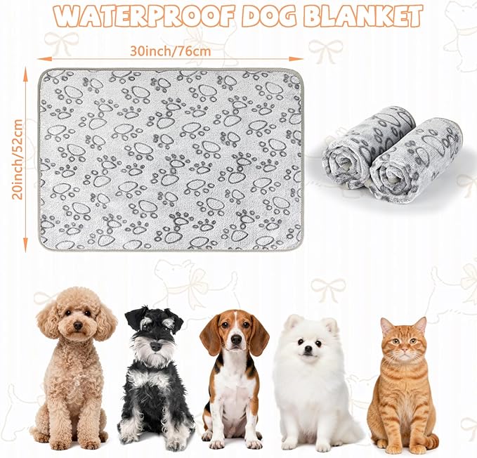 YUEPET Waterproof Dog Blankets, 2 Pack Washable Dog Blankets for Bed Couch Sofa Protector Fleece Flannel Puppy Blanket Soft Plush Reversible Throw Blanket for Medium Dogs Cats 30"×20"(Grey Paw)
