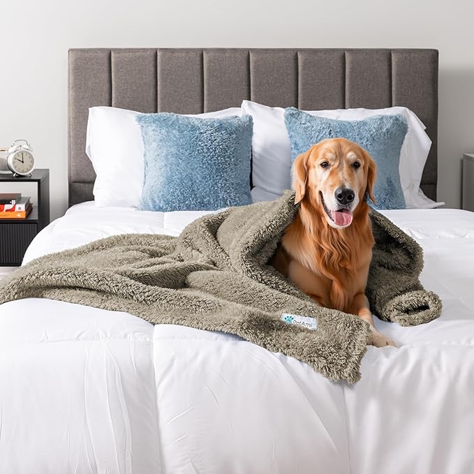 PetAmi Fluffy Waterproof Dog Blanket for Couch and Bed, Reversible Sherpa Pet Throw, Pee Proof Furniture Protector Sofa Cover, Washable Cat Blanket for Medium Large Dogs and Cats (Taupe Camel, 90x90)