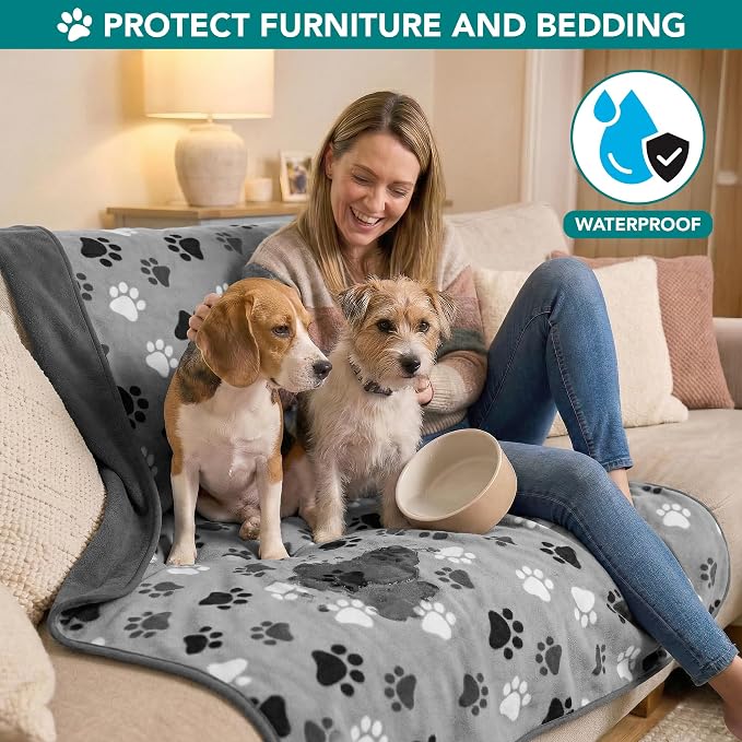 PetAmi Waterproof Dog Blanket for Small Medium Dogs Cats, Pee Proof Reversible Cat Blanket for Kitten Puppy, Soft Fleece Washable Pet Throw for Couch Car Crate Liner, 29x40 Paw Print Gray