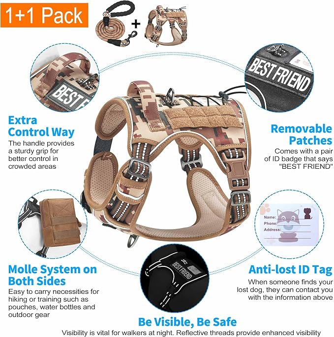 Beebiepet Heavy Duty Tactical Dog Harness for Small Dogs, No Pull Adjustable Pet Harness Reflective Service Training Easy Control Pet Vest Military K9 Working Dog Harnesses-X- Large, Desert Camo