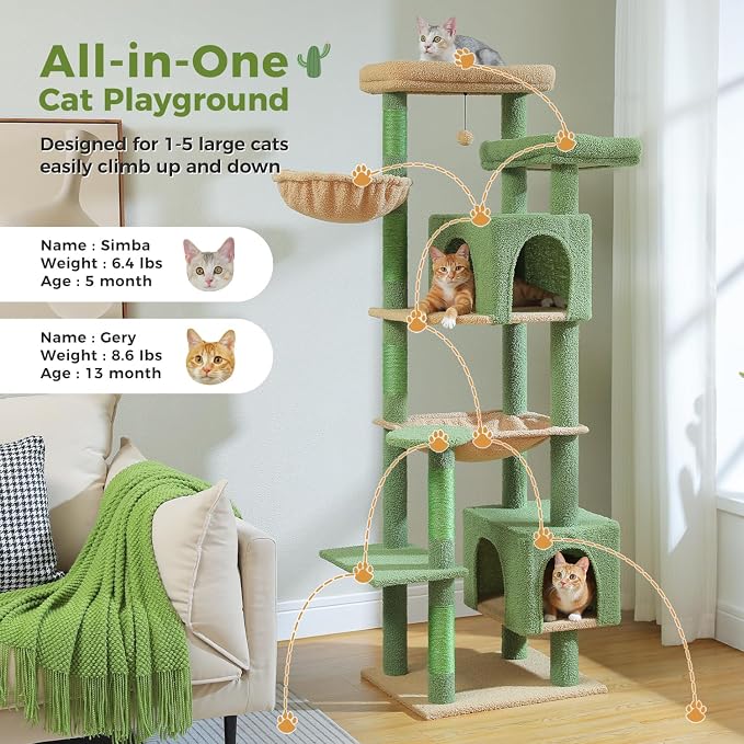 69” Tall Cat Tree for Indoor Cats Large Adult, Multi-Level Cat Tower with Scratching Post, Dual Top Perches, Big Hammock & 2 Spacious Condos, Cat Furniture for Multi-Cat Households, Green