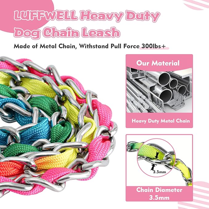 Heavy Duty Metal Dog Chain Leash with Comfortable PU Leather Padded Handle, Chew Proof for Medium Large Pooch Walking Training (6FT 3.5mm Colorful)