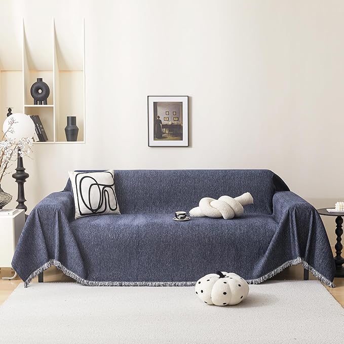 MEETSKY Sofa Cover for 3 Cushion Couch, Pet Friendly 91 Inch Large With Tassel Edge, Modern Washable Slipcover for Dogs and Cats, Universal Throw Cover, 91"x150", Navy Blue