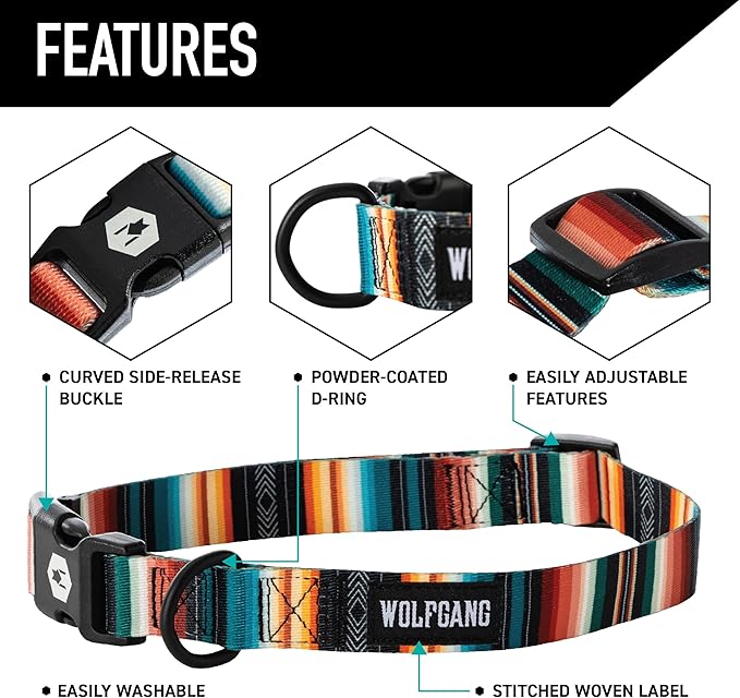 Wolfgang Heavy Duty, Adjustable Dog Collar with Quick Release Nylon Buckle for Walking & Training, LostArt Print, Small