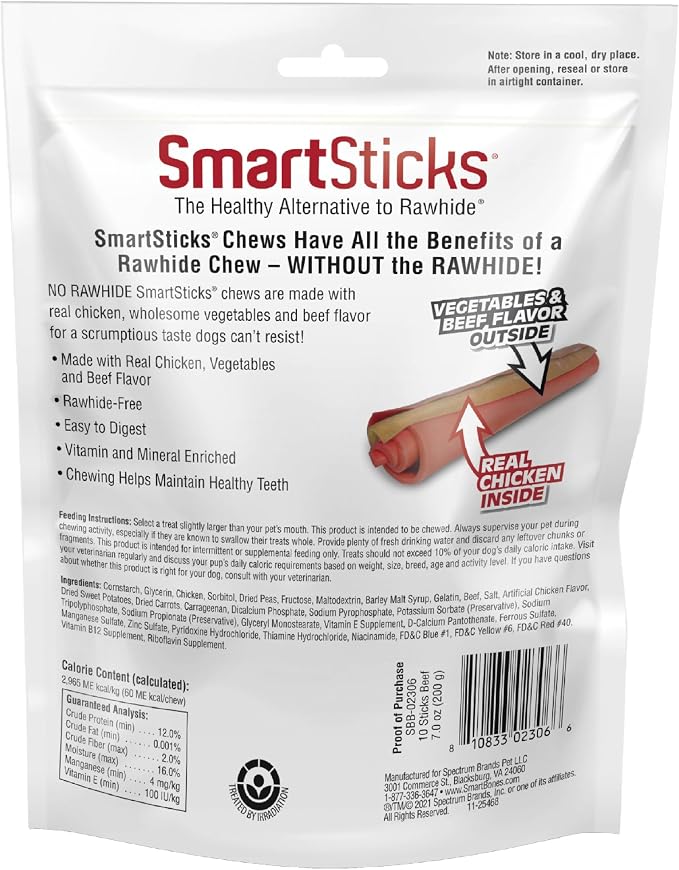 SmartBones SmartSticks, Treat Your Dog to a Rawhide-Free Chew Made With Real Beef, 10 Count