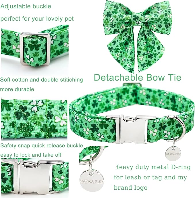 St. Patrick's Dog Collar with Bow Tie, Cotton St. Patrick's Bowtie Collar for Large Girl Boy Dog, Lucky Shamrock Dog Collar with Metal Buckle, Green, Spring, L