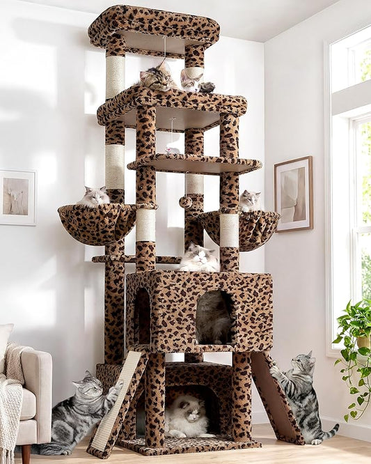 Globlazer Heavy Duty Cat Tree 78 inch Sturdy Cat Tower for 20lbs Large Adult Cats, Symmetrical Aesthetic Big Cat Tree with Extra Large Platform, 2 Scratching Boards, Z78, Leopard Print