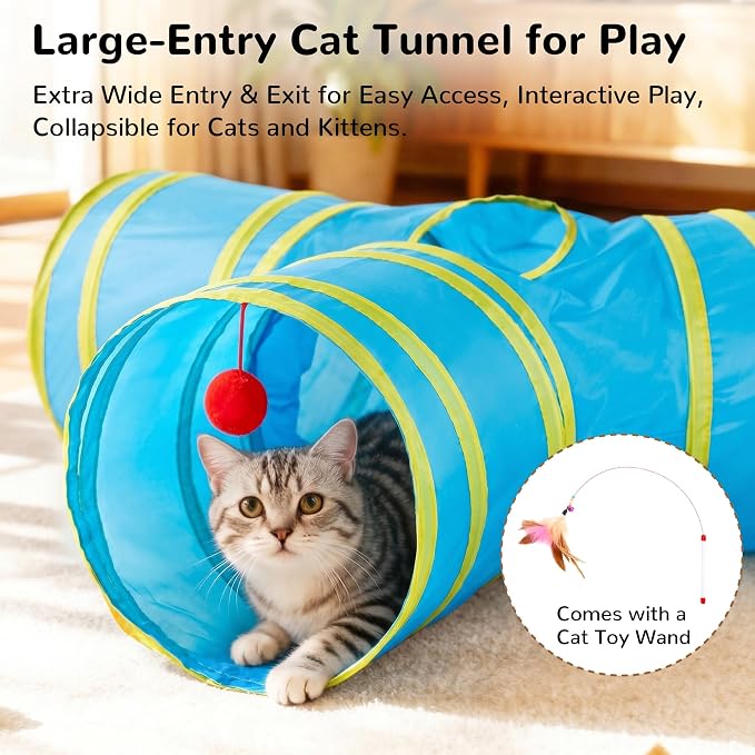 Tempcore Cat Tunnel for Indoor Cats, 3 Way Collapsible Pet Play Tunnel with Teaser Wand, Peek Holes & Hanging Ball, Interactive Tube for Kittens & Rabbits, Blue & Yellow