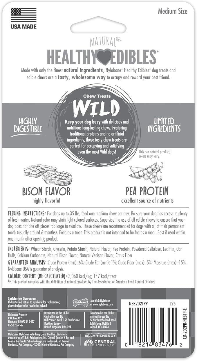 Nylabone Healthy Edibles Wild Natural Dog Chews, Long Lasting Bones for Dogs, Bison Flavor Dog Treats, Medium (10 Count)
