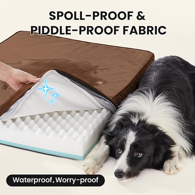 OhGeni Orthopedic Waterproof Dog Bed for Medium Large Dogs, Machine-Washable Removable Cover in Easy-Clean Fabric, Reversible Memory Foam & Easy-Carry Handle, Wider and Larger, 36 inch (Brown)