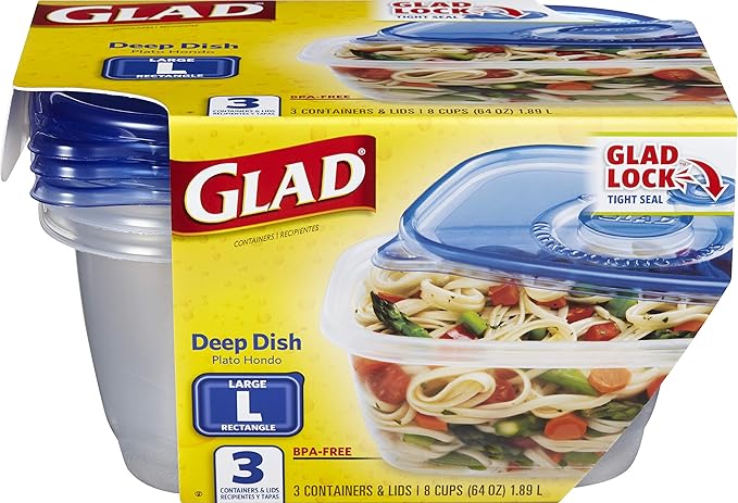 Glad GladWare Deep Dish Food Storage Containers Lids Large Rectangle BPA Free Meal Prep Microwave Dishwasher Safe Lock Tight Seal 64 OZ 3 Count 6 Pack