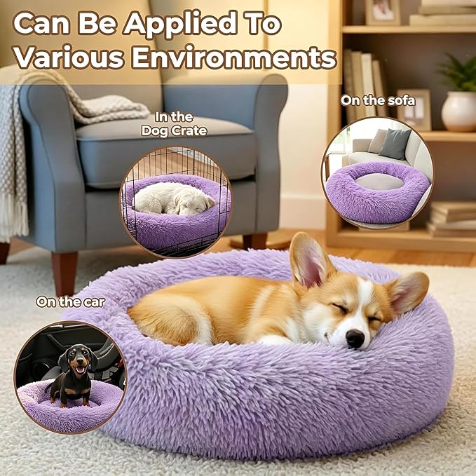 Calming Anti-Anxiety Donuts Dog And Cat Bed, Round Fluffy Soft Washable Small Medium Pet Bed For Puppy And Kitten, Cuddler Warming Comfortable Luxury Anti-Slip Waterproof Mute Base 24in Purple